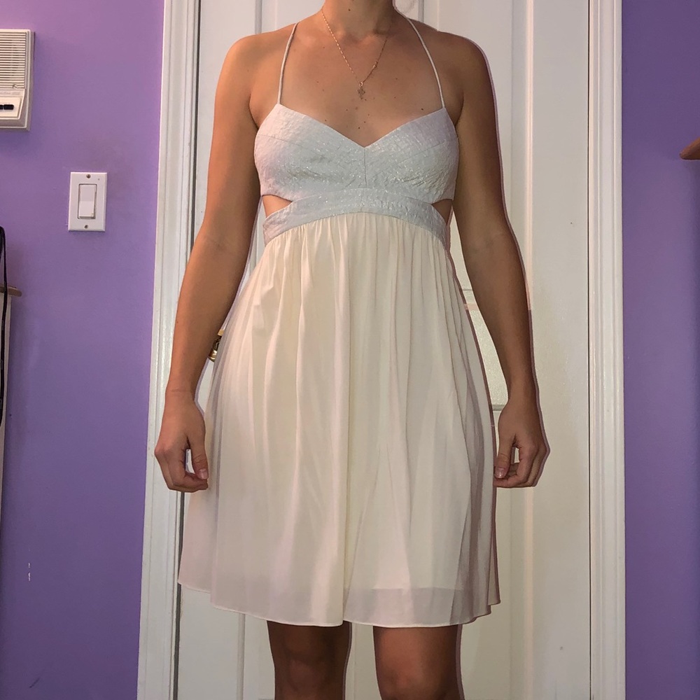 BCBG MaxAzria Open Back Cream/Silver Dress size 10